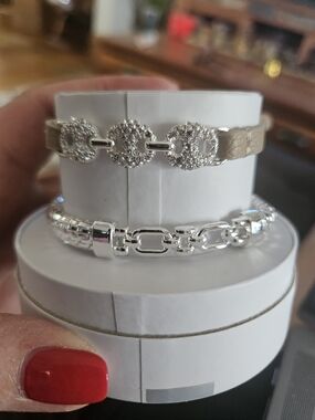 Taupe Leather & Silver Pavé Circle Bracelet Set Bomb Party